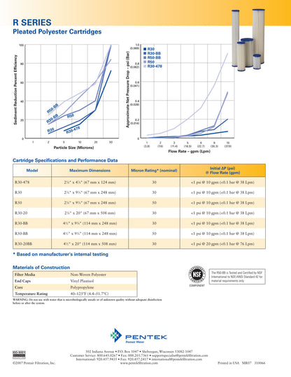 155416-43 30 Micron Pentek R30-20 Pleated Sediment Filter 20 x 2.5