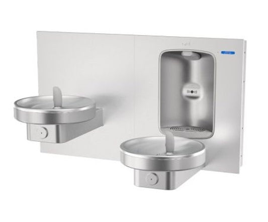 MMRSLEBF Oasis # 507193 (Non-Refrigerated) SSA Bi-Level Radii Fountain w/ Integrated Electronic Bottle Filler, Stainless Steel Alcove